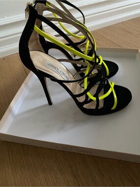 Jimmy Choo Black and Neon Yellow Strappy Stiletto Sandals